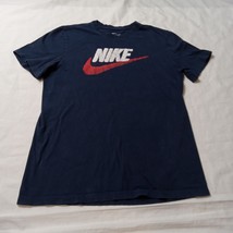 Nike Men&#39;s Medium  Navy Blue Red Swoosh Short Sleeve Cotton Shirt - $7.91