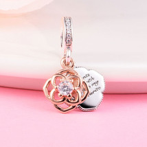 925 Sterling Silver Two-tone Rose Dangle Charm Bead For European Bracelet - £14.60 GBP