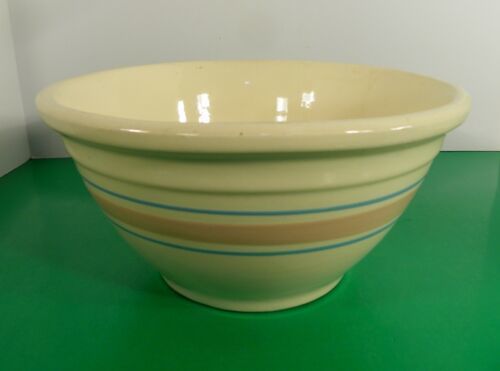 Vintage McCoy Pottery Mixing Bowl 10" Pink Blue Banded Stripes Stoneware Nesting - $49.45