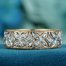 Natural Diamond Vintage Stye Floral Filigree Band Ring in Solid 9K Two Tone Gold - £861.45 GBP