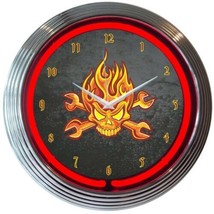 Mechanic Fire Skull And Wrenches Banner Neon Clock 15&quot;x15&quot; - £64.03 GBP