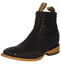 Mens Black Chelsea Ankle Boots Cowboy Dress Woven Leather Botas Vaquero Tejida - £135.46 GBP