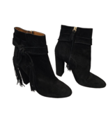 AQUAZZURA &quot;Betty&quot; Black Suede Fringe Booties with Block Heels - Size 39 1/2 - $263.59 CAD