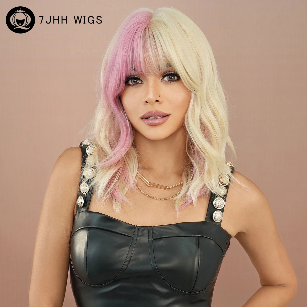 7JHHWIGS Shoulder Length Body Wavy Pink Ombre Blonde Wig for Women Daily Par - £21.50 GBP+