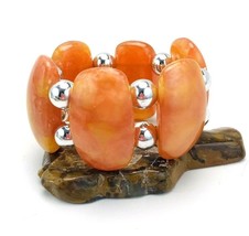 Iridescent Pearlized Orange Yellow Acrylic Silver Beaded Wide Stretch Bracelet - $11.88