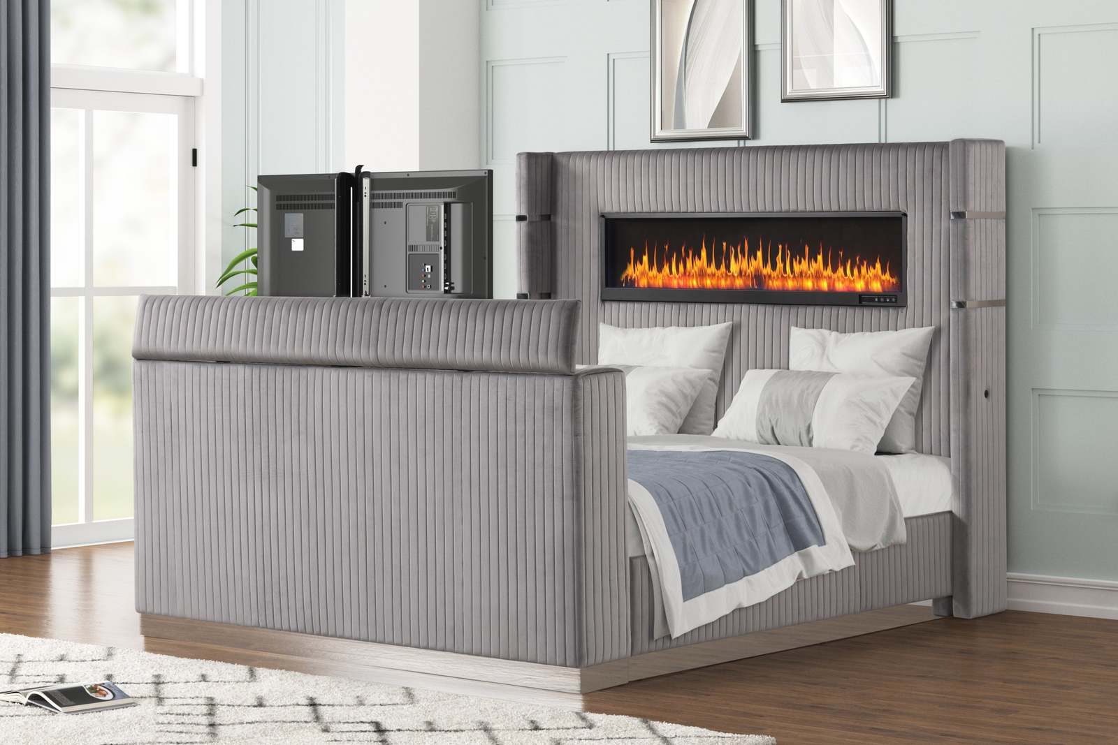 Blaze Full Bedroom Set | Upholstered Modern LED 4 Pc Metallic Gray Wood Item image 7