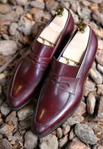 New Handmade Men&#39;s Burgundy Leather Moccasin Loafer Dress Formal Shoes For Men - £100.51 GBP