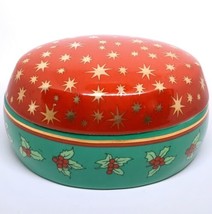 Mikasa 5&quot; Oval Trinket Candy Box Red Green Holly Leaves Berries Gold Stars FK001 - £11.16 GBP