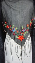 &quot;&quot;SHEER BLACK WITH BRIGHT FLORAL BORDER&quot;&quot; - WRAP - CEJON - BEADED FRINGE - $9.89