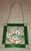 Vintage Stained Glass Sun Catcher Lily Flowers Square Window Hanger Wall... - $89.99