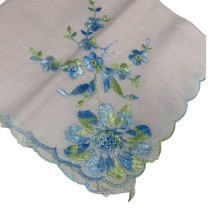 White Scalloped Handkerchief Blue Green Flower Floral Pattern 11” Vintag... - £15.14 GBP