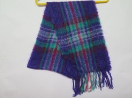 John Hanly Ireland fuzzy Mohair &amp; Wool Woven Scarf Red Green Purple Plaid  Vtg - £22.54 GBP