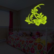 ( 55&quot; x 55&quot; ) Glowing Vinyl Wall Decal Butterfly and Flowers / Glow in Dark Natu - £143.93 GBP