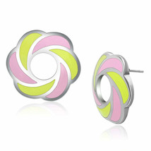 High Polish Stainless Steel Pink and Yellow Pinwheel Earrings TK316 - $213.81 MXN