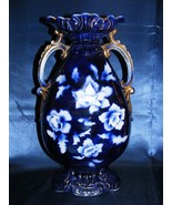 Vintage Cobalt Blue 15&quot; Vase Gold Overlay Double Handled Made in England... - $117.09