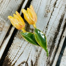 Vintage Signed KC Kenneth Cole Enamel Yellow Green Tulips Flower Bouquet Brooch - £19.97 GBP