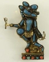 Newari Estate Jewelry Brass Gemstone Turquoise Coral Hindu God RAMA Brooch Pin - £48.31 GBP