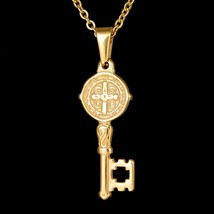 St Saint Benedict Exorcism Catholic Protection Medal 18K Gold Plated Key Pendant - £12.52 GBP