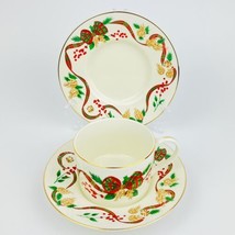 Christmas cup &amp; 2 saucers Weinstocks Holiday Tidings Broadway Emporium d... - $14.50