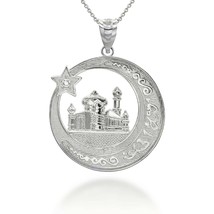 Silver Islamic Crescent Moon Star Mosque Islamic Characters Pendant Necklace - £40.08 GBP+