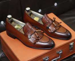 Handmade men&#39;s genuine brown leather loafer shoes, men tassels loafer - £159.66 GBP