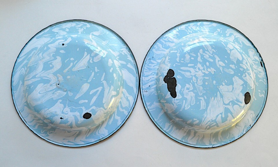Lot 6 Light Blue & White Swirl Enamel Graniteware 10" Soup Plates Bowls Sky VTG Item image 10