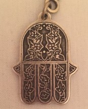 Vintage Moroccan Silver Keychain Khamsa Hand Carved Hand of Fatima Amulet - £7.79 GBP