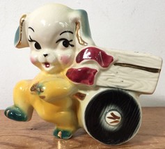 Vintage 30s 40s Mid Century Ceramic Cartoon Dog Puppy Pulling Wagon Cart Planter - £31.45 GBP