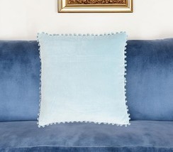 18" Blue Cotton Blend Throw Pillow Cover With Pom Poms - $1,360.71 MXN