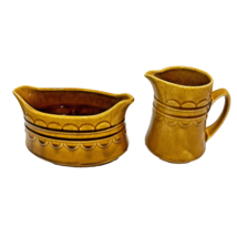 Vintage Amber Gold Ceramic Embossed Glazed Sugar Bowl and Creamer Pitcher Set 2 - £14.81 GBP