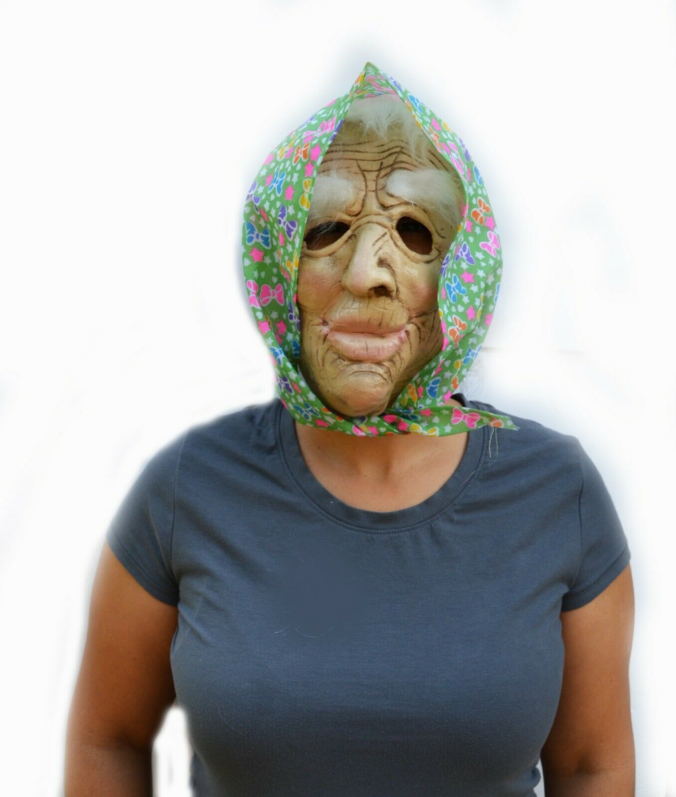 Old Lady Halloween Mask Face Witch Scary Creepy Mask with Hair &amp; Scarf - $13.99