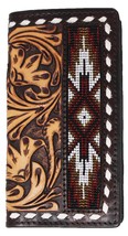 Men&#39;s Western Antique Floral Tooled Leather Beaded Inlay Rodeo Wallet 18... - $46.52