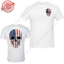 Americana Skull T-SHIRT White Tee Patriotic Merica Usa Pride Flag Front &amp; Back - £12.10 GBP