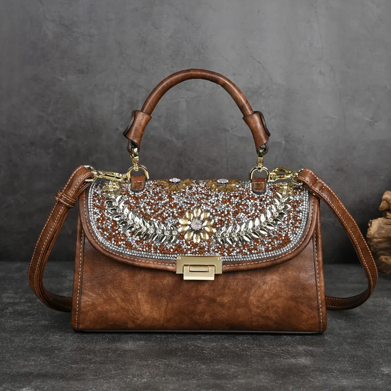  2024  Vintage Shoulder Bag For Women Leather Handbags Handmade Diamond Studded  - £58.85 GBP
