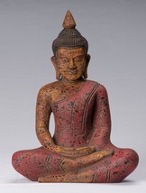 Antigüedad Khmer Madera De Estilo Sentado Estatua Buda Dhyana Meditación Mudra - £318.64 GBP