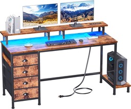 Furologee 55In Computer Desk With 4 Drawers, Led Gaming Desk With, Rustic Brown - $168.99