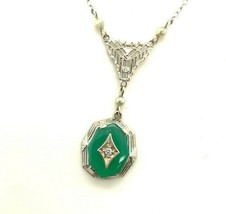 Authenticity Guarantee 
10k White Gold Green Onyx and Diamond Deco Pendant (#... - £412.05 GBP