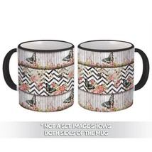 Wood Flowers Butterfly : Gift Mug Chevron Zebra Pattern Rose Buds Rustic Garden  - £11.89 GBP