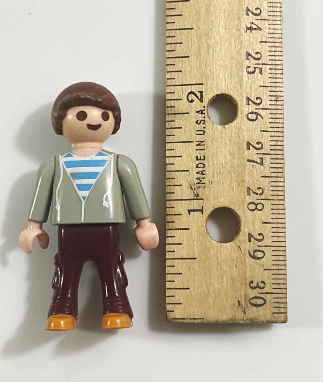 Playmobil Figure Dollhouse School Boy Child w/ Gray Jacket Burgundy Pants - $7.18