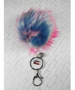 Pom Pom Keychain Faux Fur Patriotic Flag Heart Red White Blue Pink New - $19.79