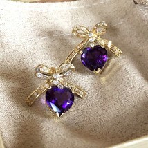 Yellow Gold Plated Heart Simulated Amethyst, Diamond Bow Dangle Stud Earrings - $233.73