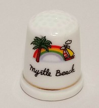 Vintage Myrtle Beach Thimble 1&quot; Porcelain Rainbow Palm Tree Sailboat - $14.84