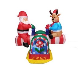 USED 4 FT Tall Animated Inflatable Santa Reindeer Teeter Totter Yard Dec... - $45.54