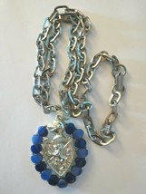 Circa 60s Shield Pendant Necklace Silver Tone Blue Thermosets Knight Lion Unique - £23.97 GBP