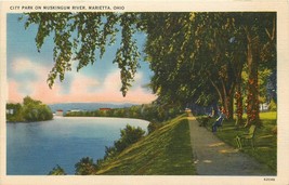 Linen OH Postcard Da786 City Park on Muskingum River Marietta Ohio Trees Water - £3.62 GBP