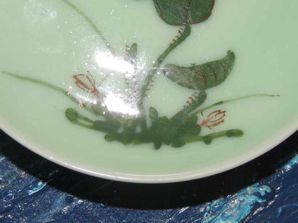 Hand Painted 4.75" Dish poss Arita Celadon flower Fuku mark Edo c1900 Japan Item image 5