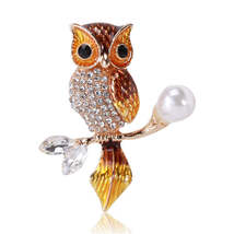 Brown Enamel &amp; Crystal Cubic Zirconia 18K Gold-Plated Owl Brooch - £11.15 GBP