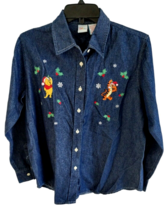 Disney Winnie The Pooh &amp; Tigger Blue Denim Button Up Christmas Shirt Women&#39;s M - £22.94 GBP
