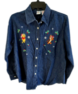 Disney Winnie The Pooh &amp; Tigger Blue Denim Button Up Christmas Shirt Wom... - £22.16 GBP