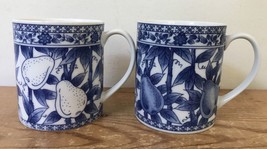 Set Pair 2 Vtg Asian Chinese Delft Blue Porcelain Bamboo Pear Coffee Mugs Tea - £23.52 GBP